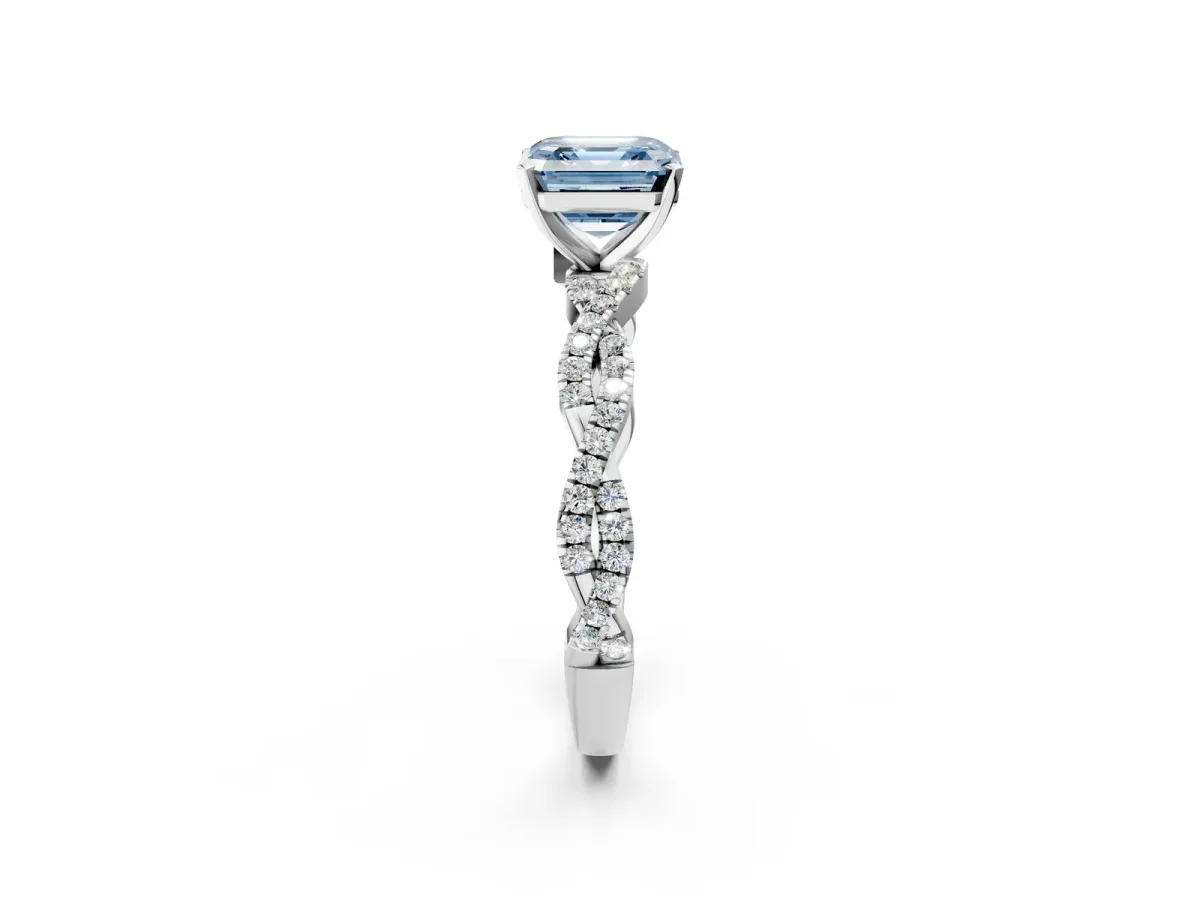Fancy Blue Asscher Cut Solitaire Twisted Pave Band with Four-Prong Setting Platinum