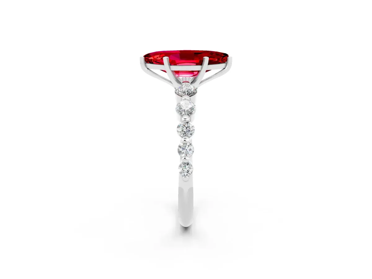 Marquise Cut Solitaire Ruby Ring with Pave Band and Four-Prong Setting Platinum