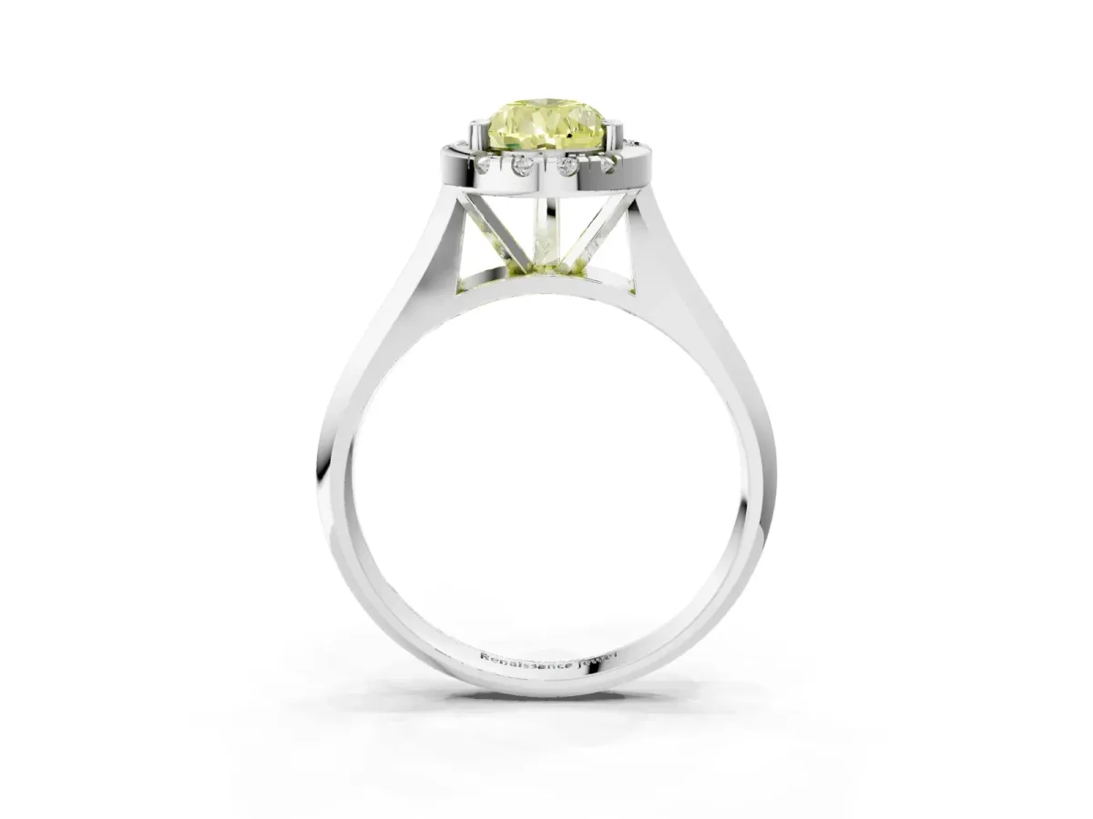 Fancy Yellow Pear Cut Cut Halo Solitaire Engagement Ring with Square Band and Four-Prong Setting White gold