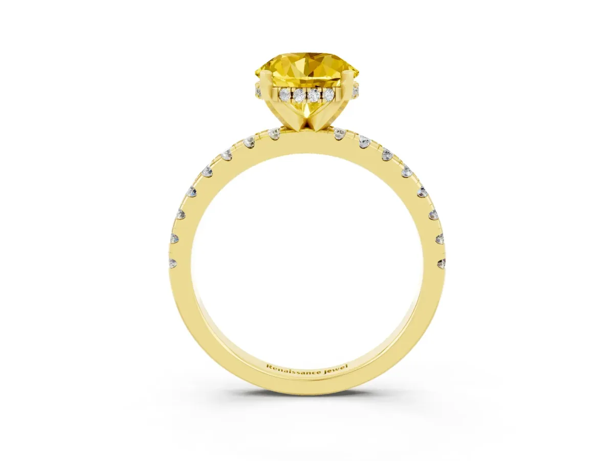 Round Cut Yellow Sapphire Solitaire Ring with Round Pavé Band and Four-Prong Setting Yellow gold