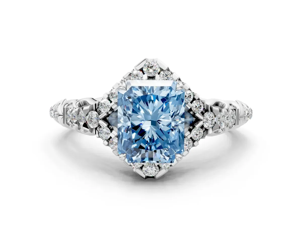 Fancy Blue Radiant Cut Diamond Solitaire Ring with Hidden Halo and Pavé Band White gold