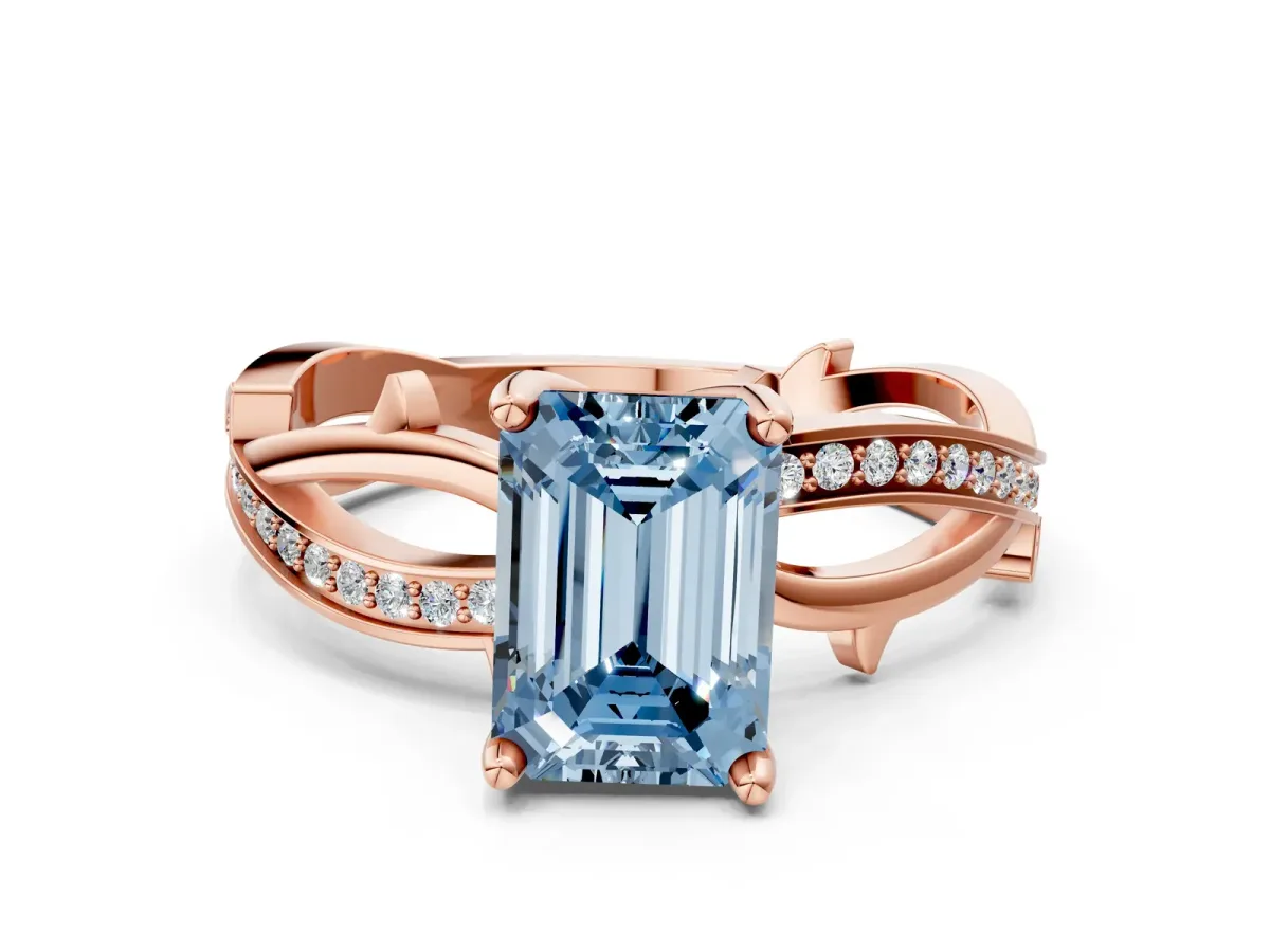 Fancy Blue Emerald Cut Solitaire Twist Band with Pavé Accents and Four-Prong Setting Rose gold