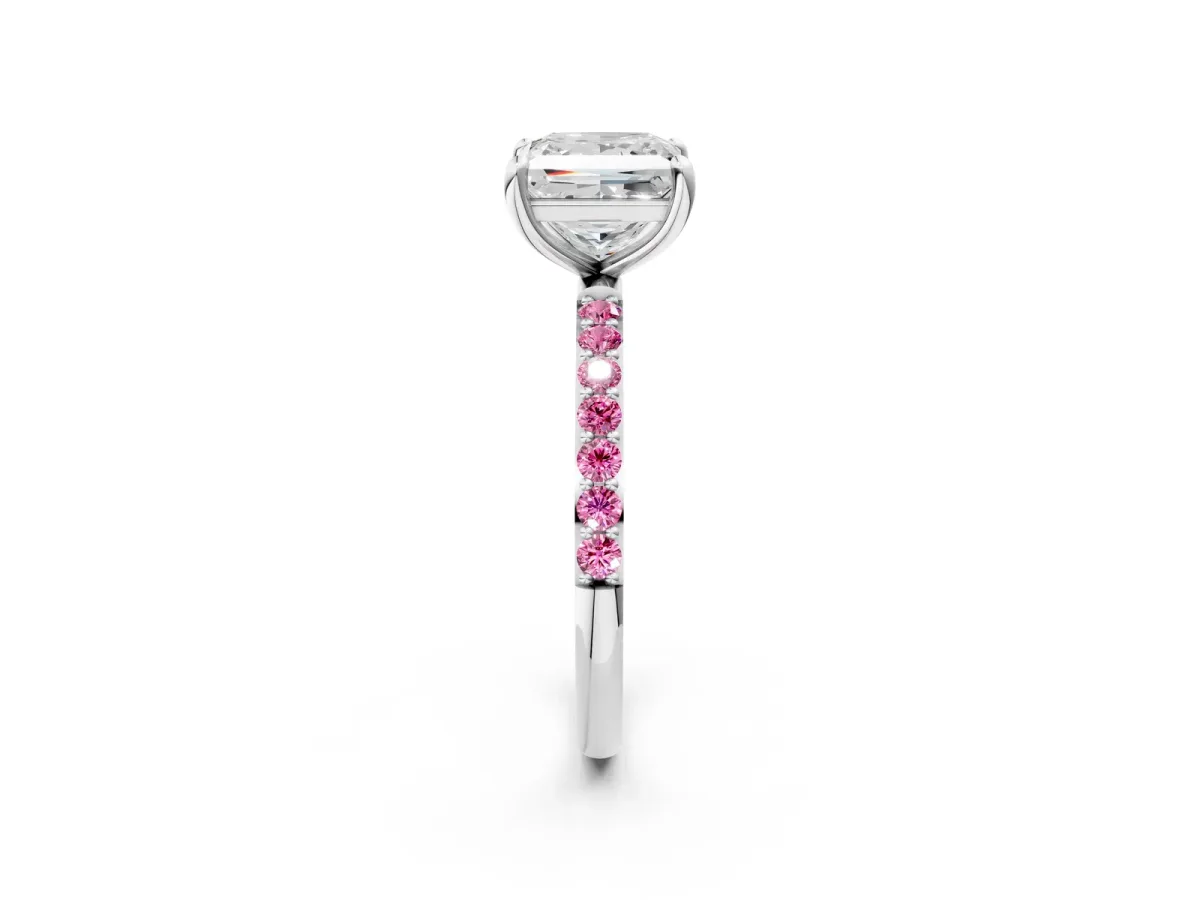 Princess Cut Diamond Solitaire Ring with Round Pink Sapphire Pavé Band and Prong Setting White gold