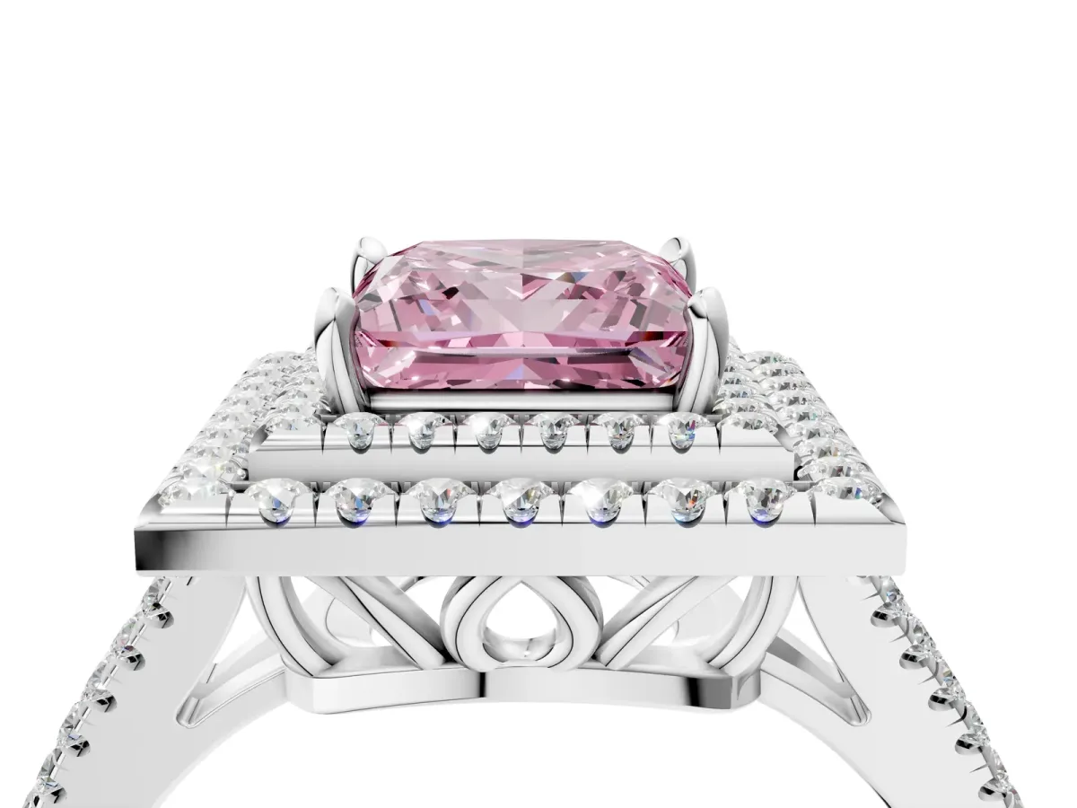 Fancy Pink Princess Cut Diamond Double Halo Ring with Pavé Band and Prong Setting White gold