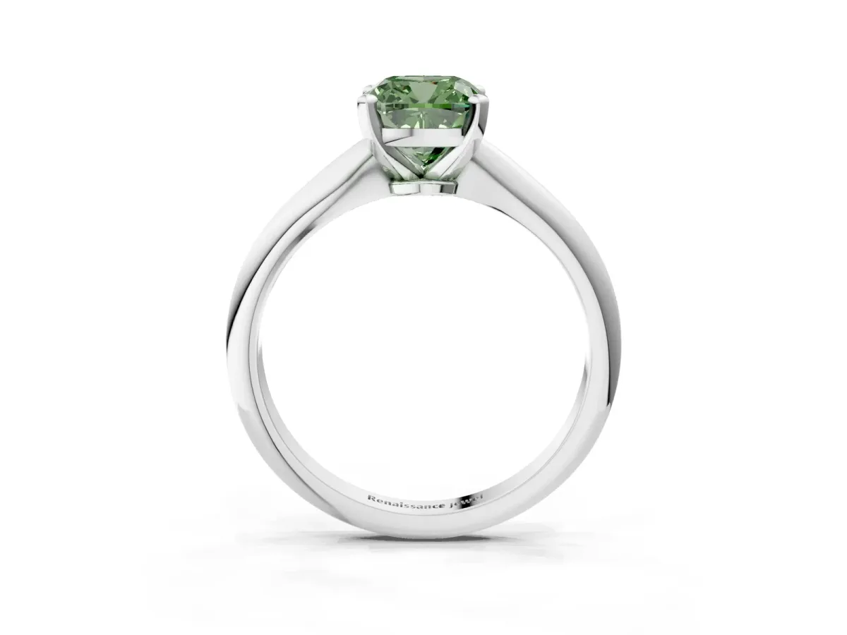 Fancy Green Cushion Cut Diamond Solitaire Engagement Ring with Classic Band and Four-Prong Setting White gold