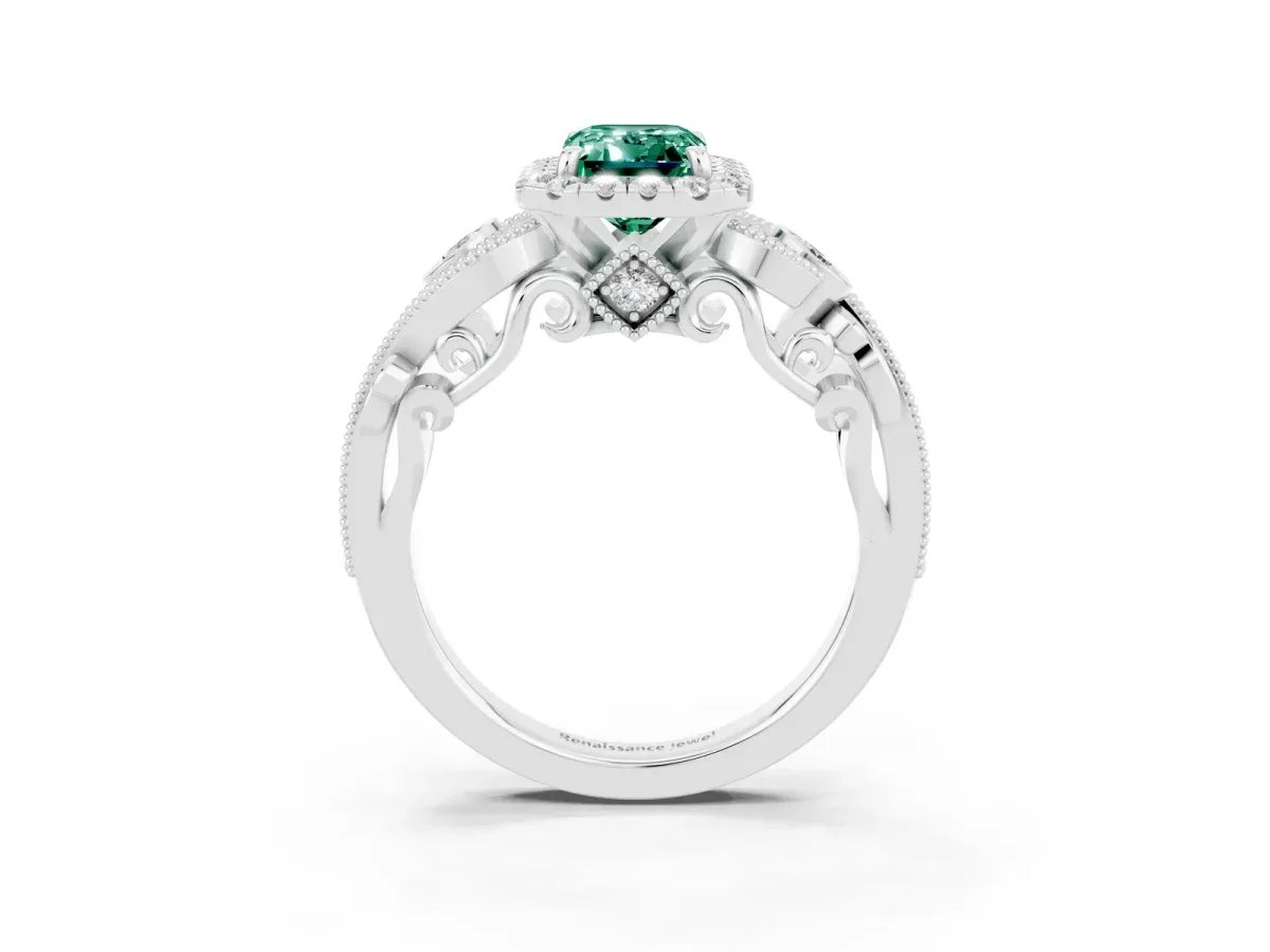 Emerald Cut Green Sapphire Halo Ring with Milgrain Pavé Band and Four-Prong Setting White gold