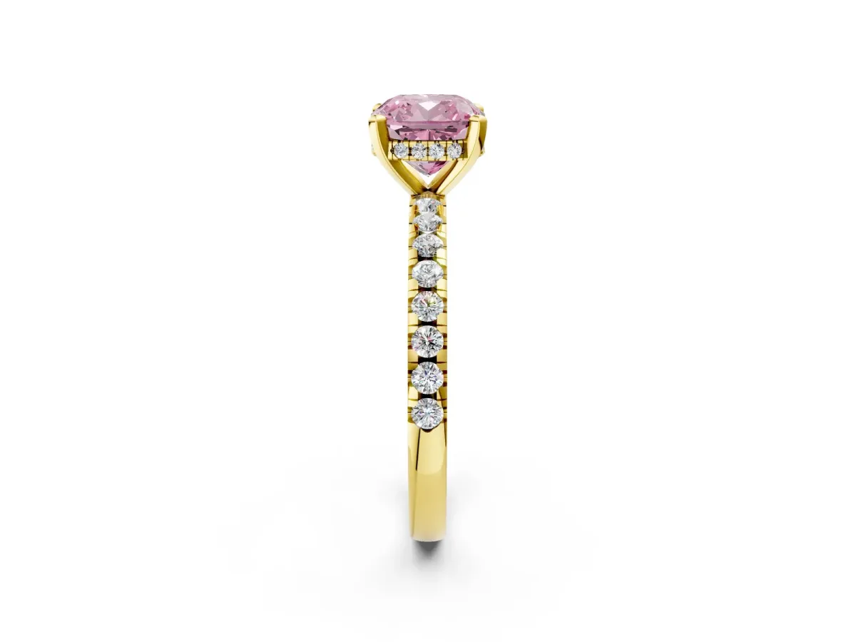 Fancy Pink Cushion Cut Diamond Solitaire Ring with Round Pavé Band and Four-Prong Setting Yellow gold