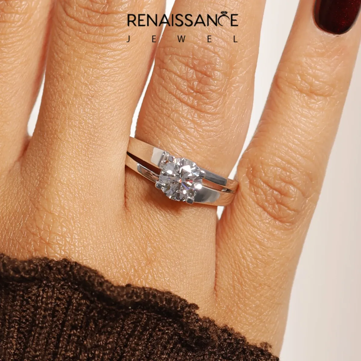 Modern Tension Set Round Cut Diamond Solitaire Wide Band Ring Silver