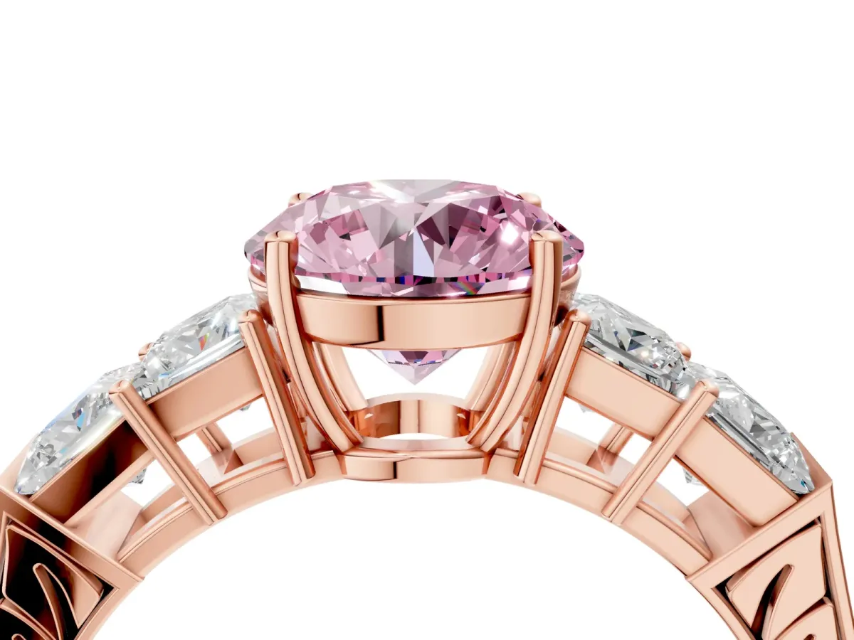Fancy Pink Round Cut Solitaire Princess Side Stone Engraved Band Prong Setting Ring Rose gold
