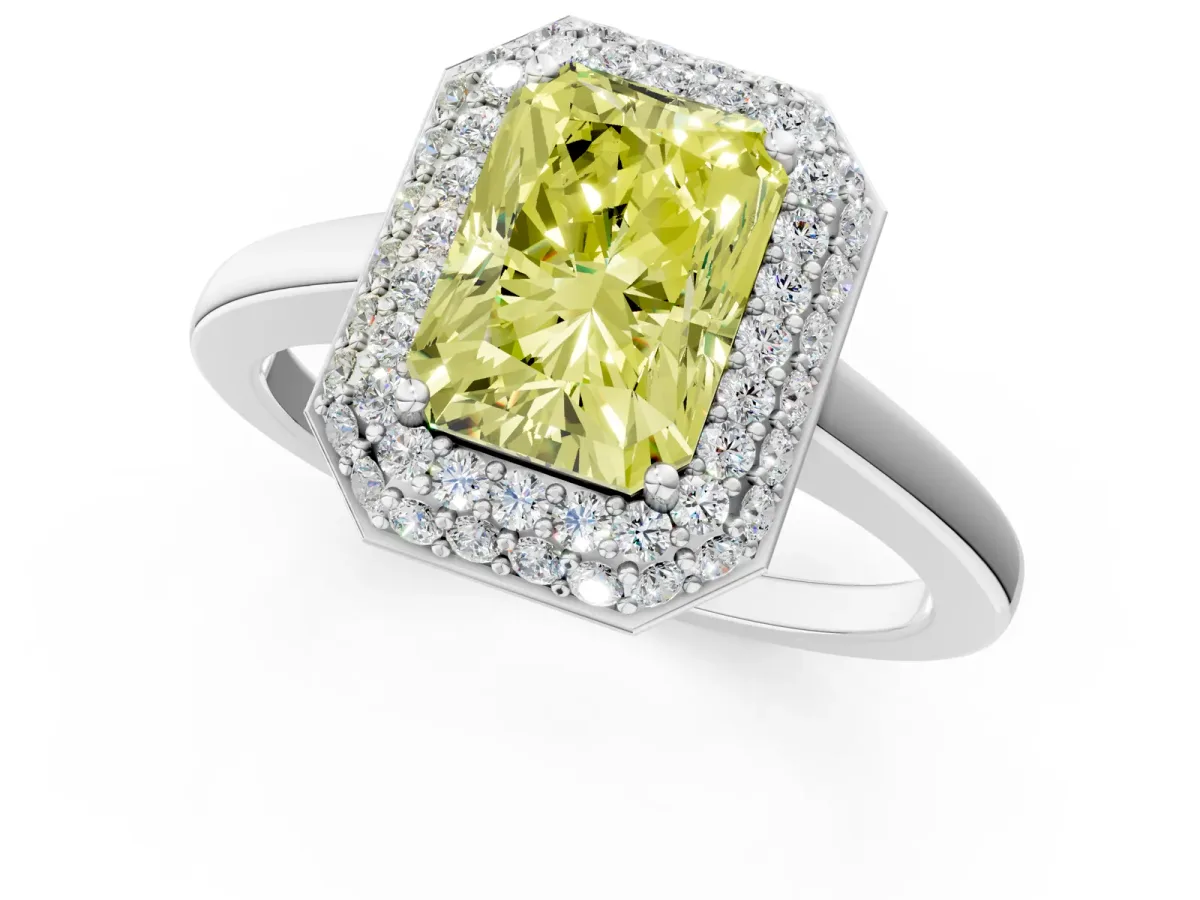 Fancy Yellow Radiant Cut Halo Diamond Engagement Ring with Solitaire Band and Four-Prong Setting Platinum