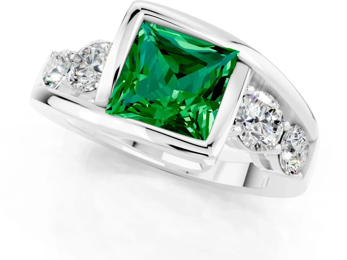 Bezel Set Princess Cut Emerald Bypass Ring with Round Accents Silver