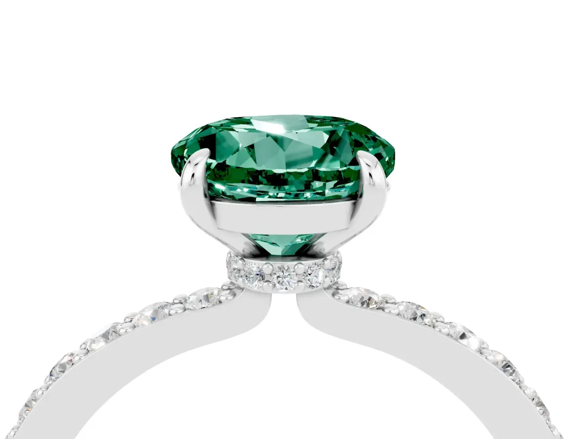 Round Cut Green Sapphire Solitaire Engagement Ring with Pavé Band and Four-Prong Setting White gold