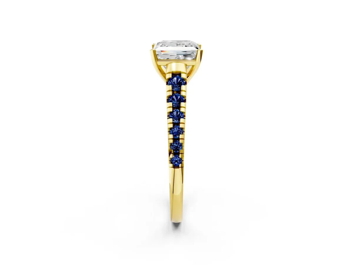 Princess Cut Diamond Cathedral Solitaire Ring with Round Blue Sapphire Pavé Band Yellow gold