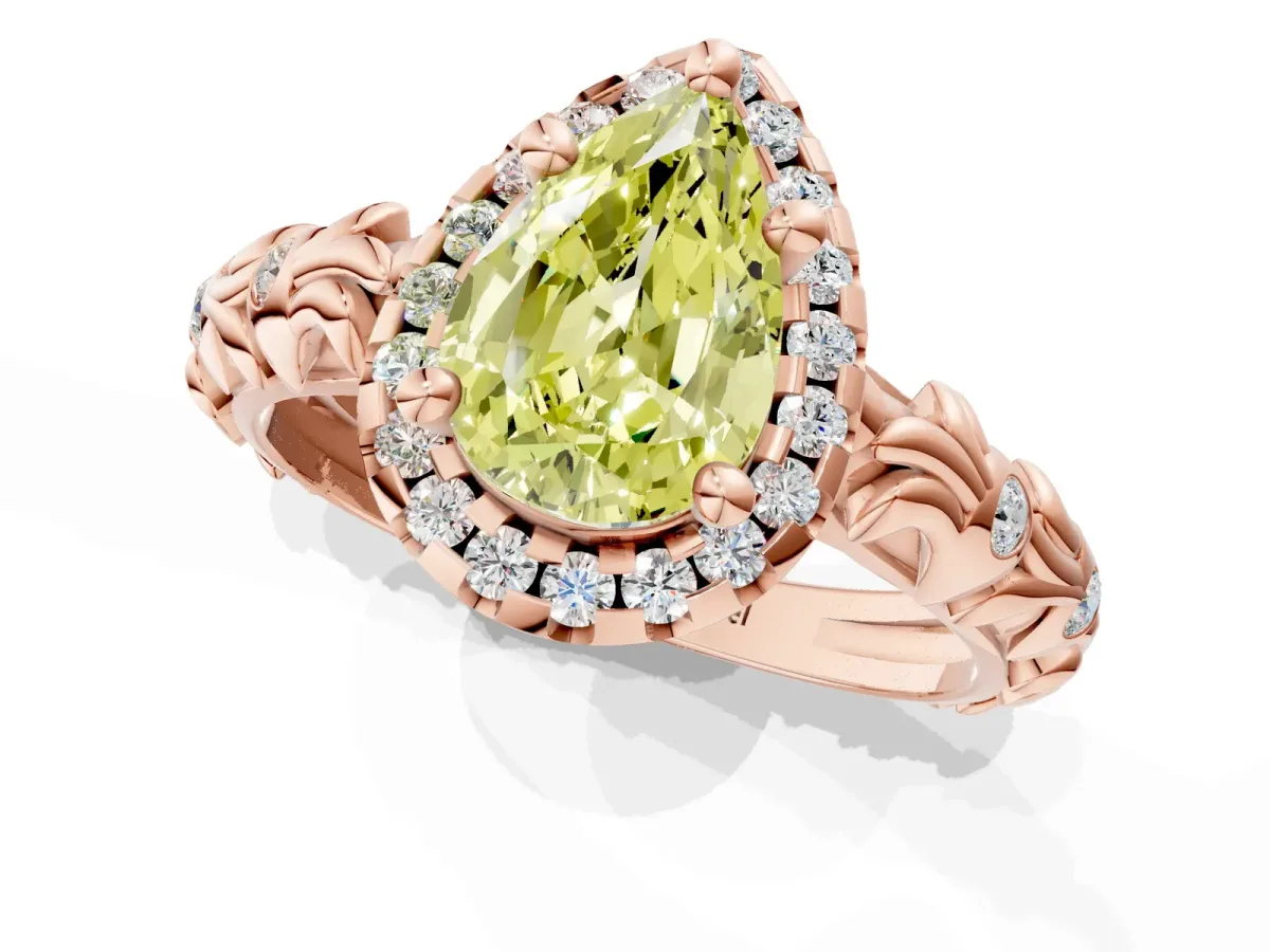 Fancy Yellow Pear Cut Diamond Halo Ring with Filigree Band and Prong Setting Rose gold
