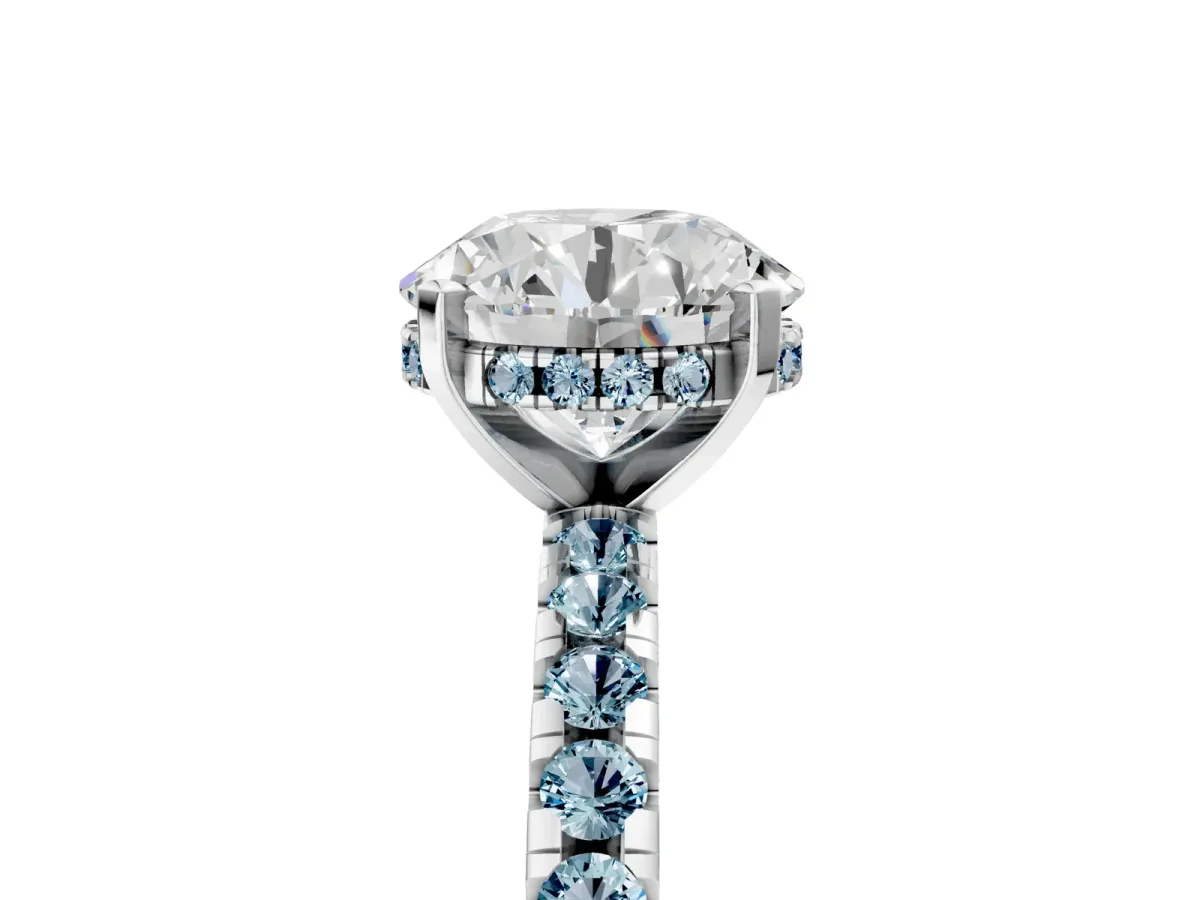 Round Cut Diamond Solitaire Ring with Round Aquamarine Pavé Band and Four-Prong Setting White gold