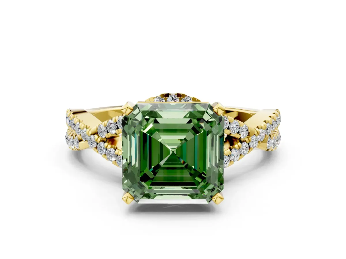 Fancy Green Asscher Cut Diamond Halo Twist Band Solitaire Prong Setting Ring Yellow gold