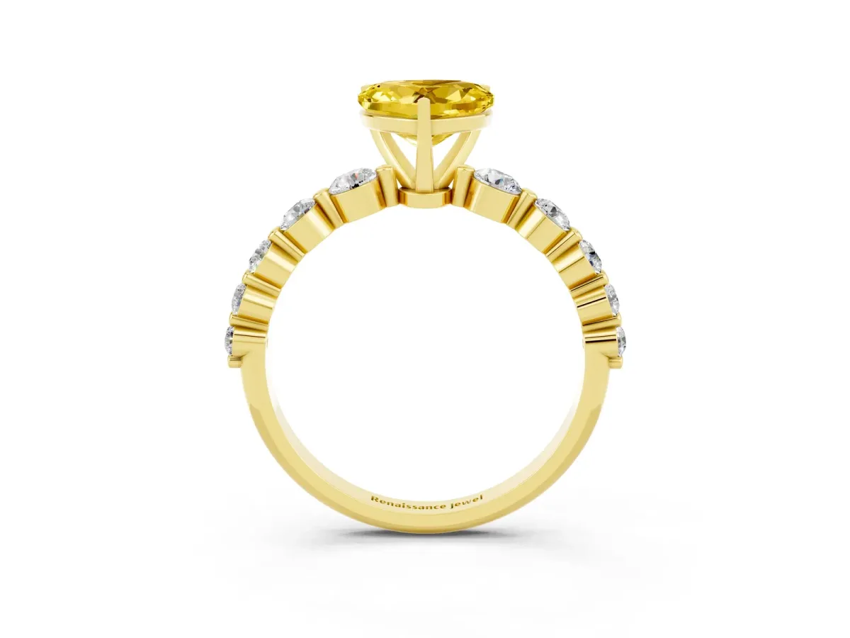 Heart Cut Solitaire Yellow Sapphire Ring with Pave Band and Four-Prong Setting Yellow gold