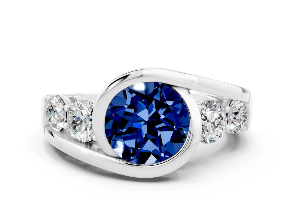 Bezel Set Round Cut Blue Sapphire Bypass Ring with Round Accents Silver