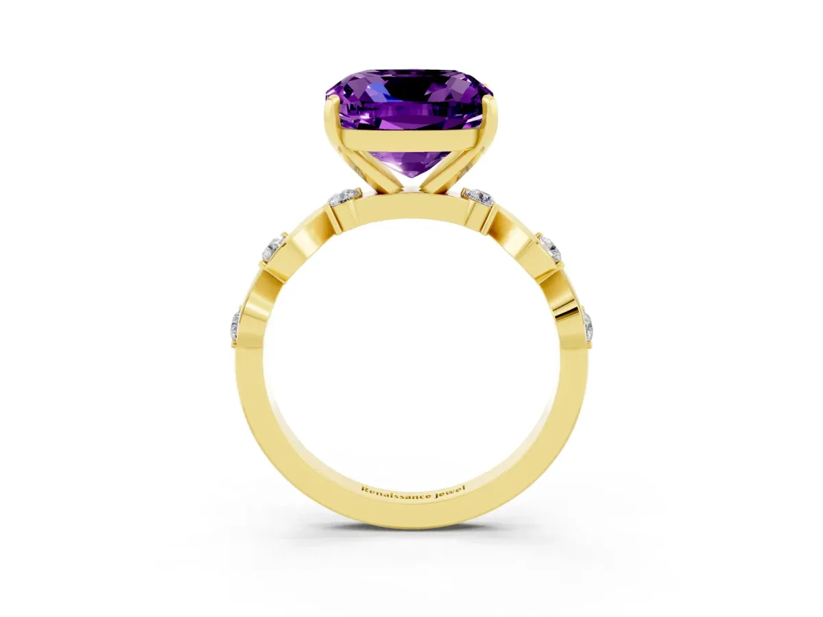 Cushion Cut Amethyst Solitaire Twisted Band with Round Accents and Prong Setting Yellow gold