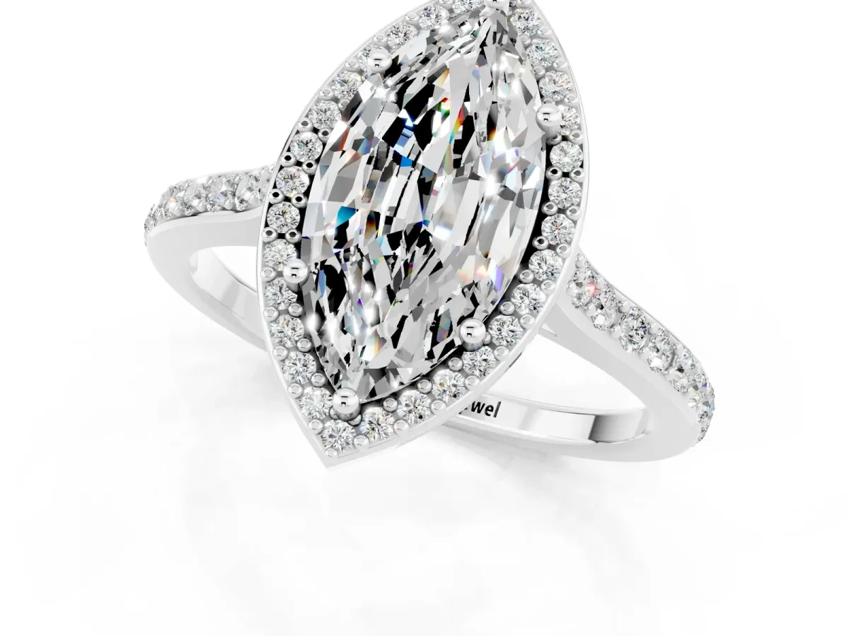 Marquise Cut Moissanite Halo Engagement Ring with Round Pavé Shoulders and Prong Setting Silver