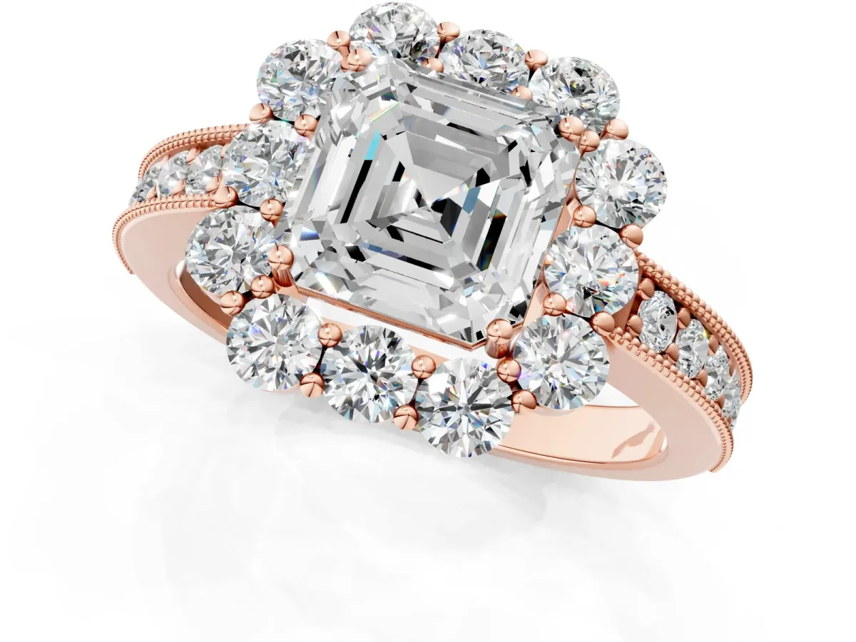 Asscher Cut Cut Halo Diamond Pavé Engagement Ring with Milgrain Detailing Rose gold