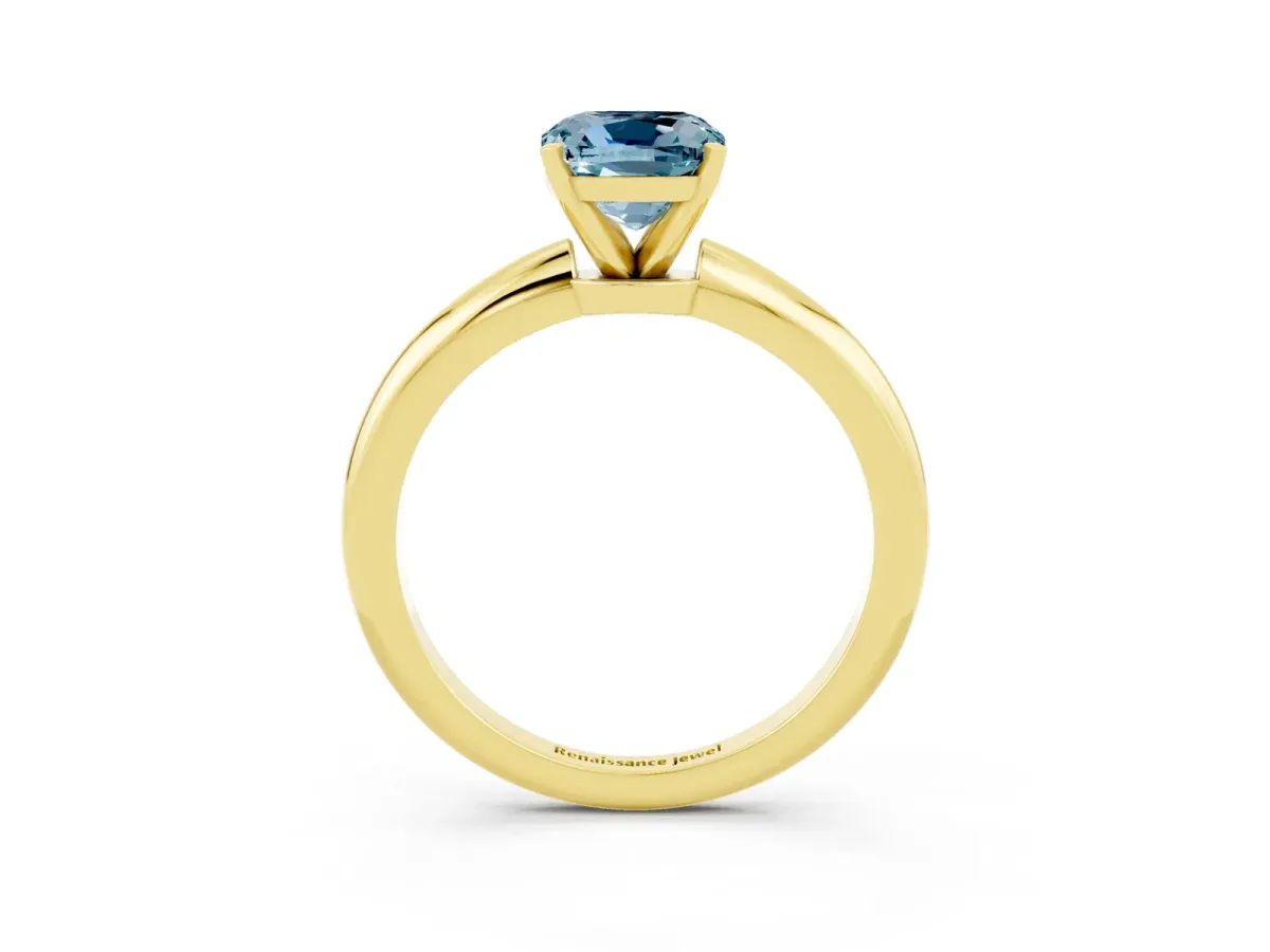 Cushion Cut Aquamarine Solitaire Ring with Six-Prong Setting and Classic Band Yellow gold