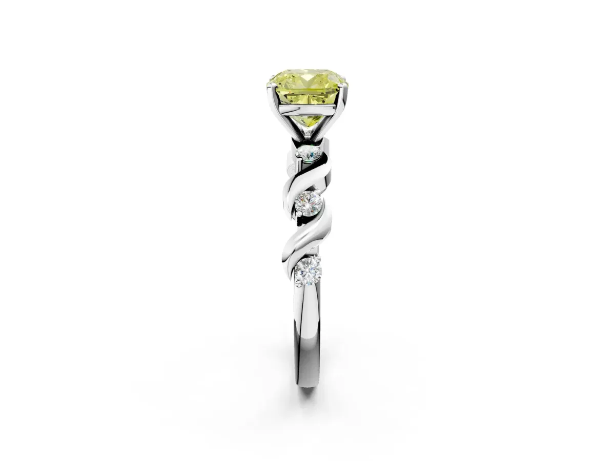 Fancy Yellow Cushion Cut Diamond Solitaire Twisted Band with Round Accents and Prong Setting White gold