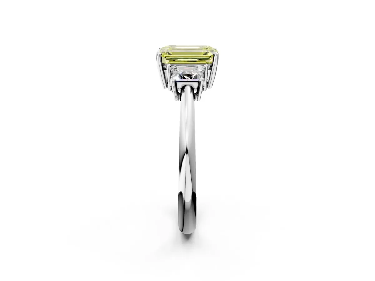 Fancy Yellow Emerald Cut Diamond Three-Stone Ring with Trapezoid Side Stones and Prong Setting Platinum