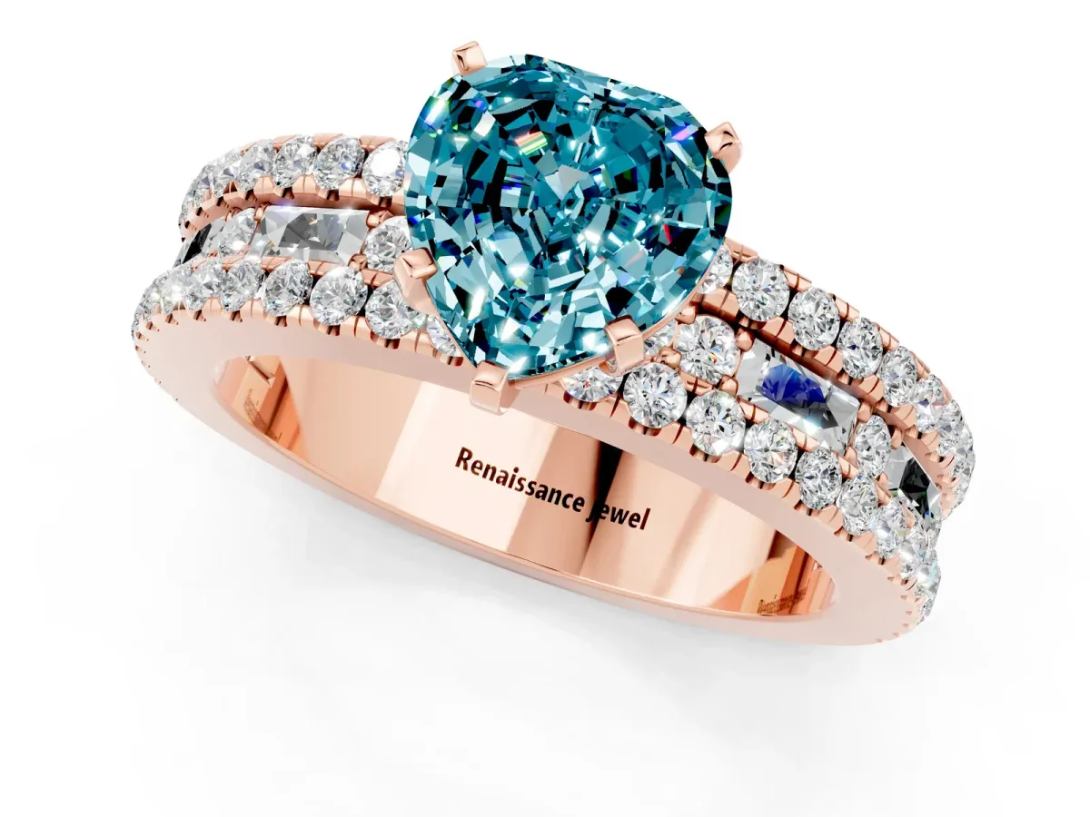 Heart Cut Blue Topaz Solitaire Ring with Pavé and Channel Set Band Rose gold