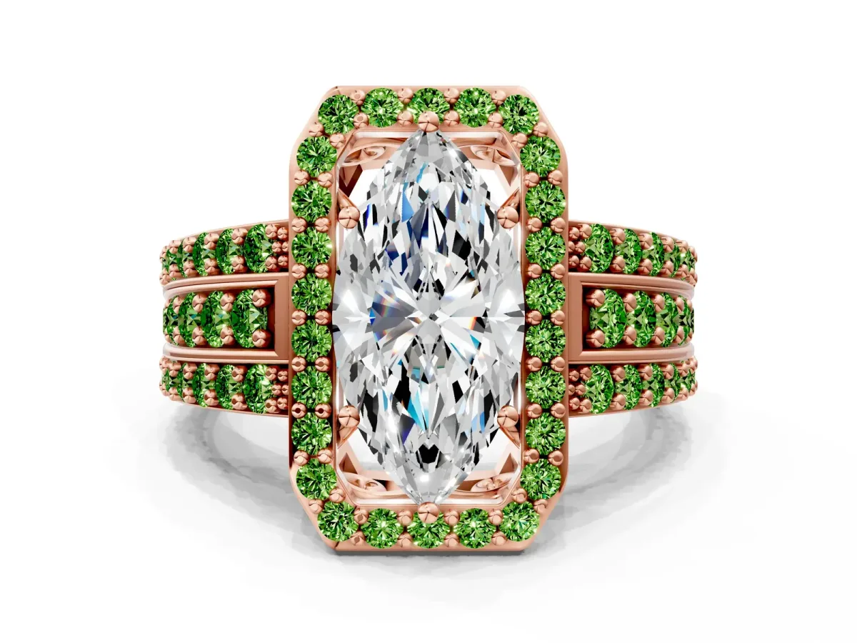 Marquise Cut Halo Diamond Ring with Round Peridot Split Shank and Prong Setting Rose gold