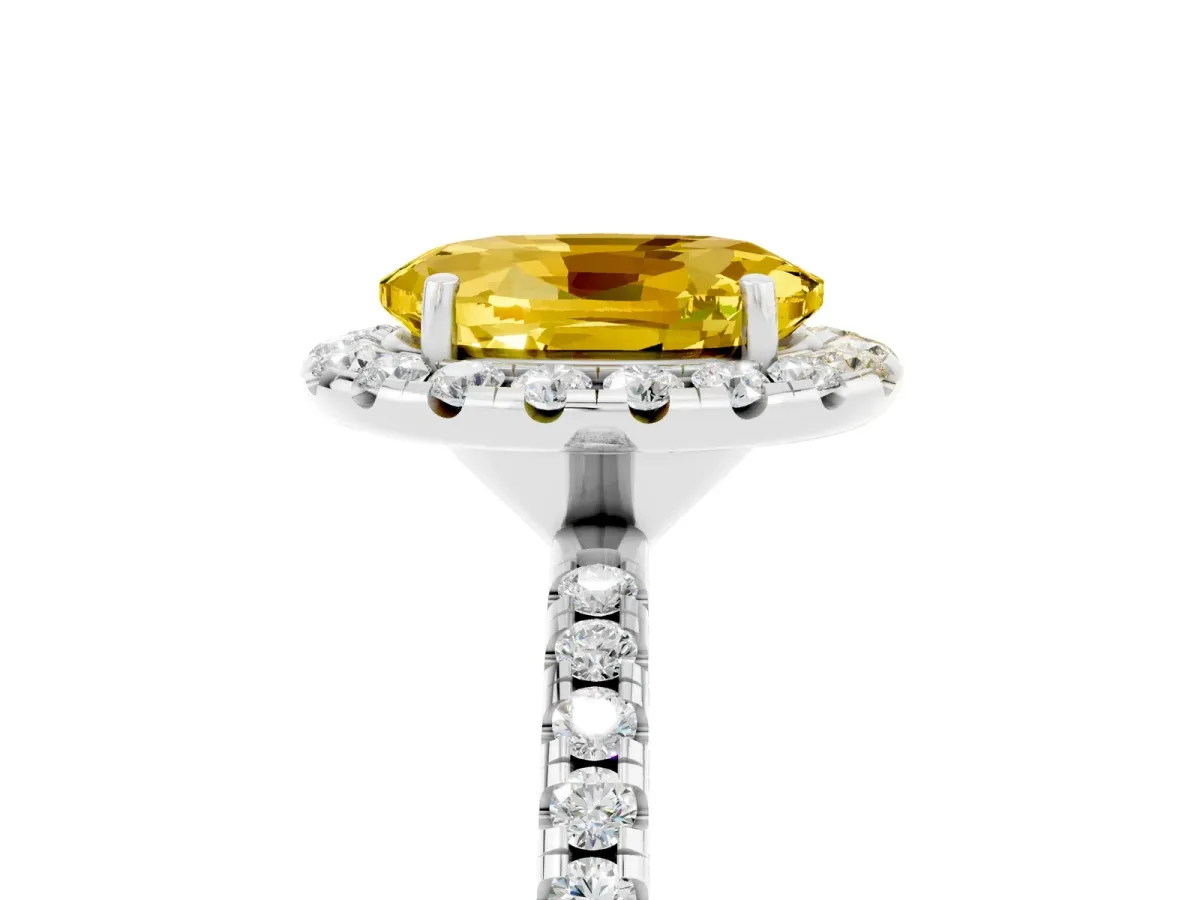 Oval Cut Yellow Sapphire Halo Ring with Round Pavé Band and Prong Setting White gold