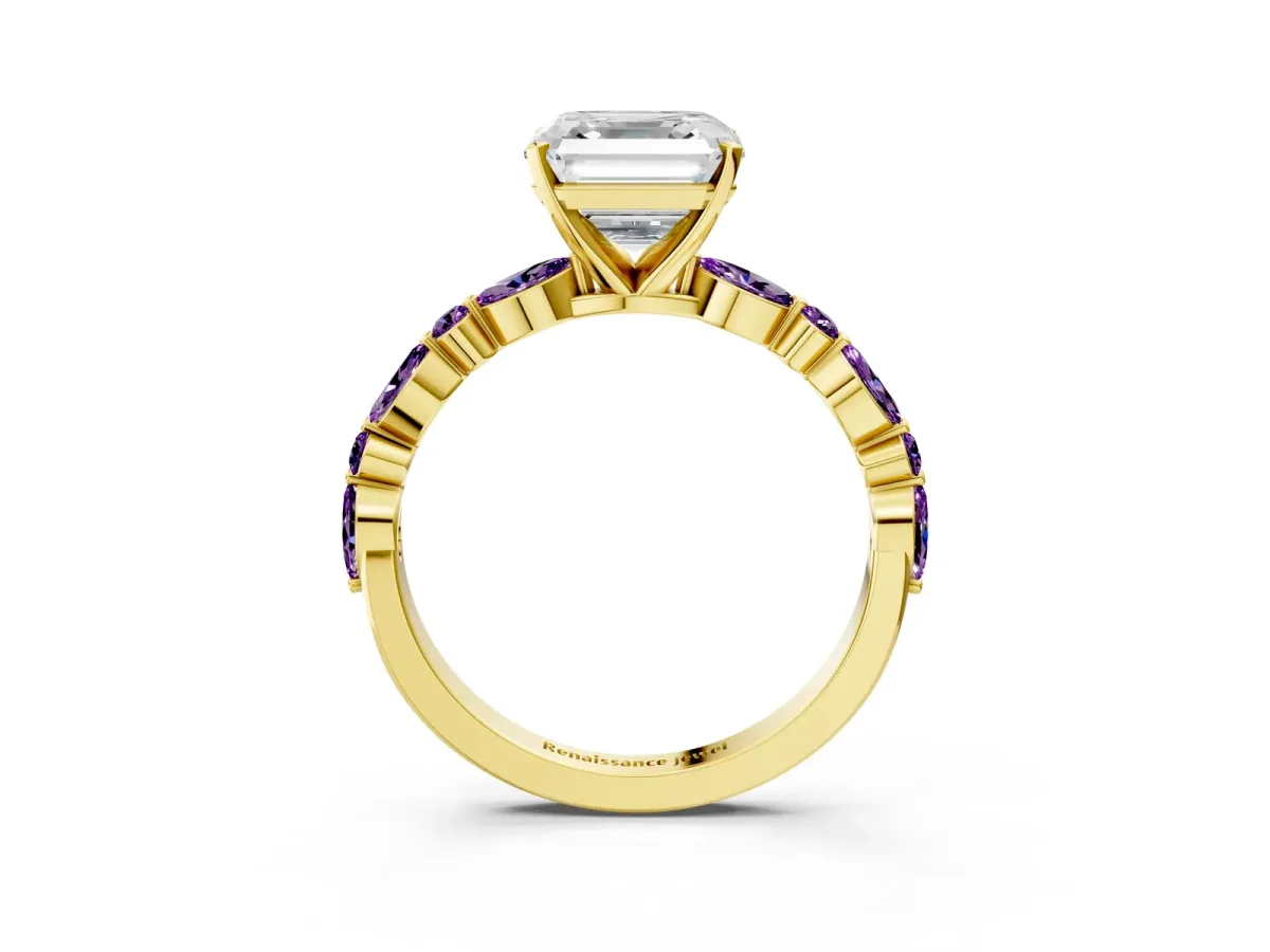 Asscher Cut Diamond Ring with Marquise and Round Amethyst Side Stones and Four-Prong Setting Yellow gold