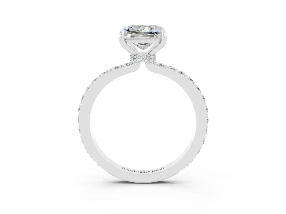Princess Cut Moissanite Solitaire Engagement Ring with Pavé Band and Four-Prong Setting White gold