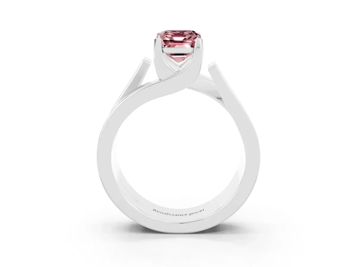 Modern Tension Set Emerald Cut Morganite Solitaire Wide Band Ring Silver