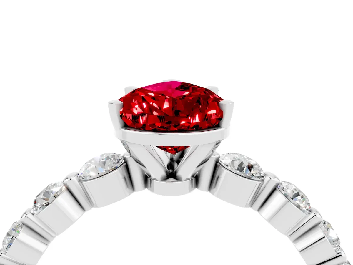 Pear Cut Solitaire Ruby Ring with Pave Band and Four-Prong Setting White gold