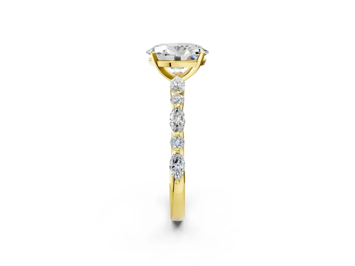 Oval Cut Diamond Ring with Marquise and Round Moissanite Side Stones and Four-Prong Setting Yellow gold