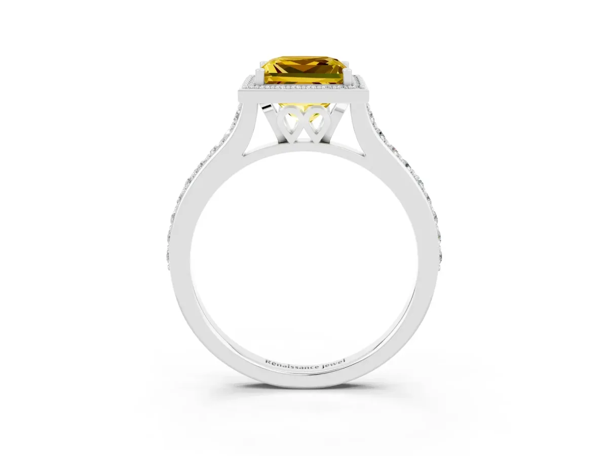 Princess Cut Yellow Sapphire Halo Engagement Ring with Round Pavé Shoulders and Prong Setting Silver