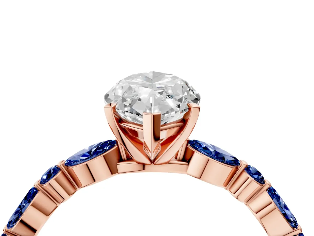 Marquise Cut Diamond Ring with Marquise and Round Blue Sapphire Side Stones and Four-Prong Setting Rose gold
