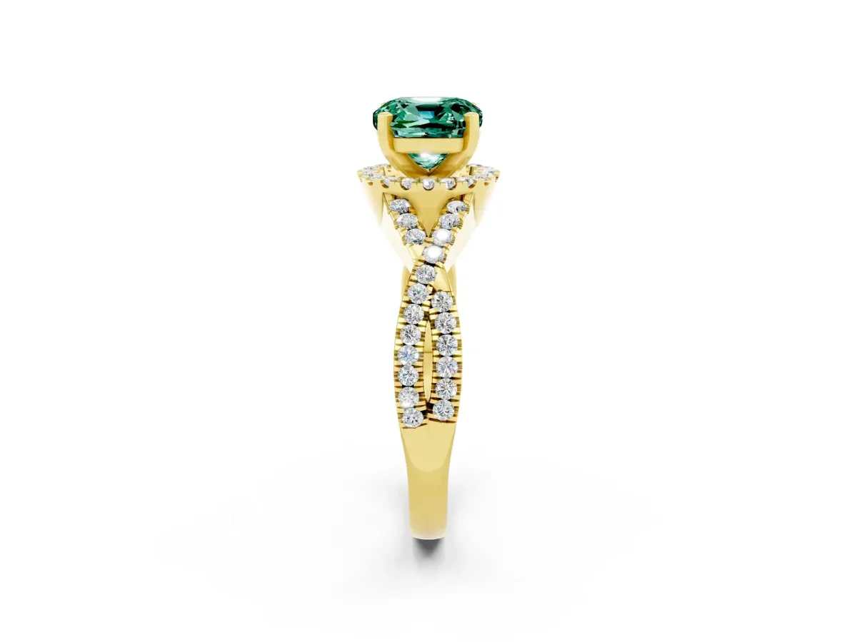 Cushion Cut Green Sapphire Halo Twist Band Solitaire Prong Setting Ring Yellow gold
