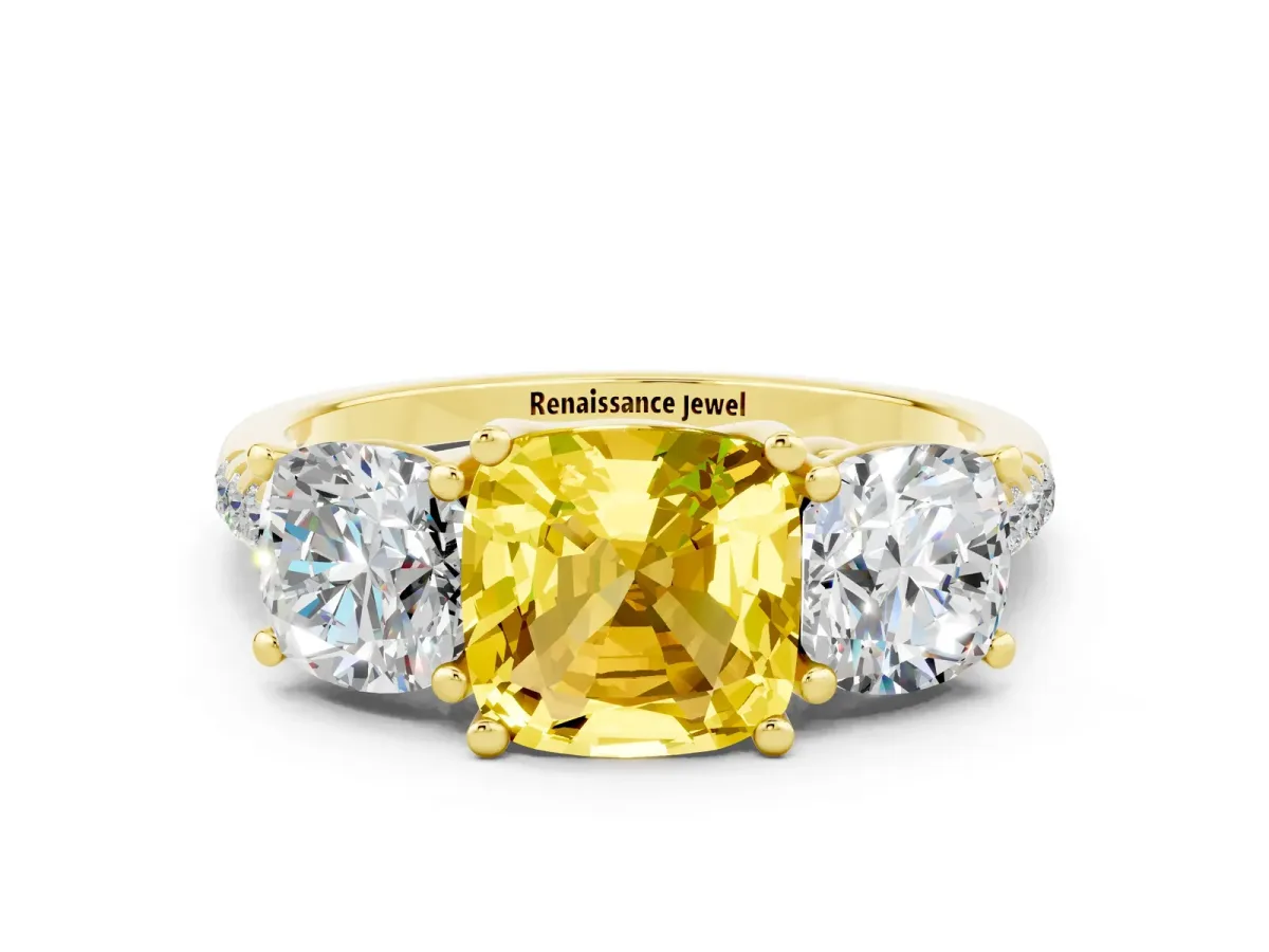 Three-Stone Cushion Cut Yellow Sapphire Ring with Round Pavé Band and Prong Setting Yellow gold