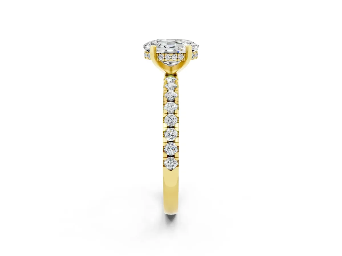 Oval Cut Moissanite Solitaire Ring with Round Pavé Band and Four-Prong Setting Yellow gold