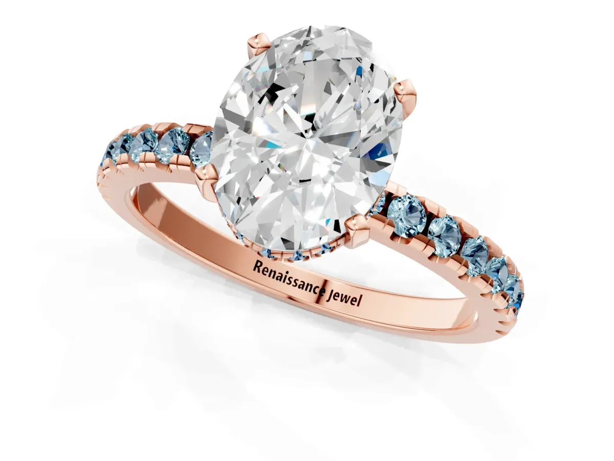Oval Cut Diamond Solitaire Ring with Round Aquamarine Pavé Band and Four-Prong Setting Rose gold
