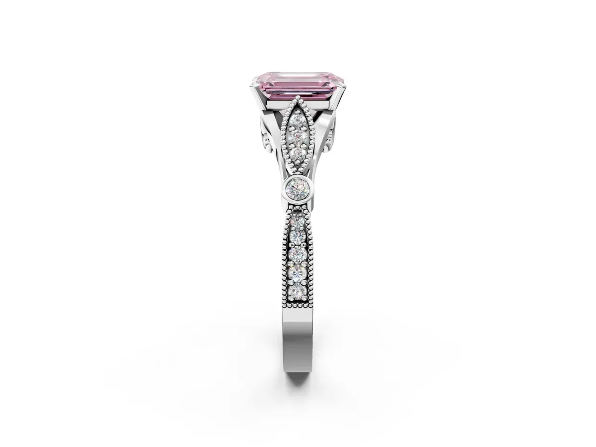 Fancy Pink Emerald Cut Cut Diamond with Milgrain Marquise and Bezel Accents on a Solitaire Band with Prong Setting Silver