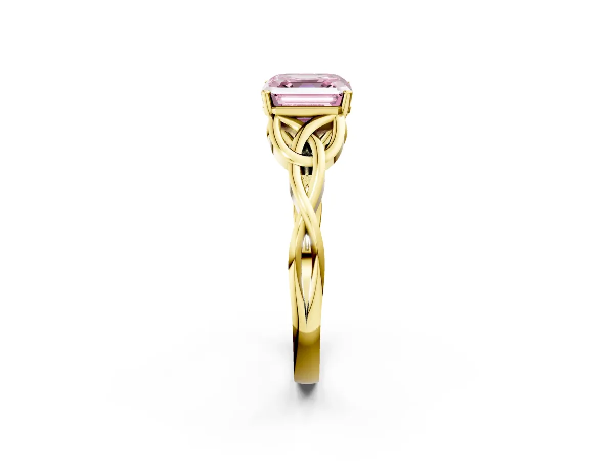 Fancy Pink Asscher Cut Diamond Solitaire Engagement Ring with Celtic Knot Band and Four-Prong Setting Yellow gold