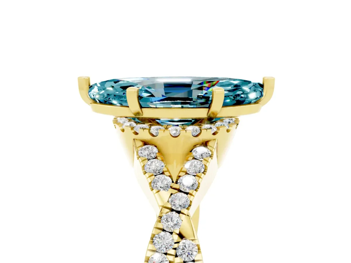 Marquise Cut Blue Topaz Halo Twist Band Solitaire Prong Setting Ring Yellow gold