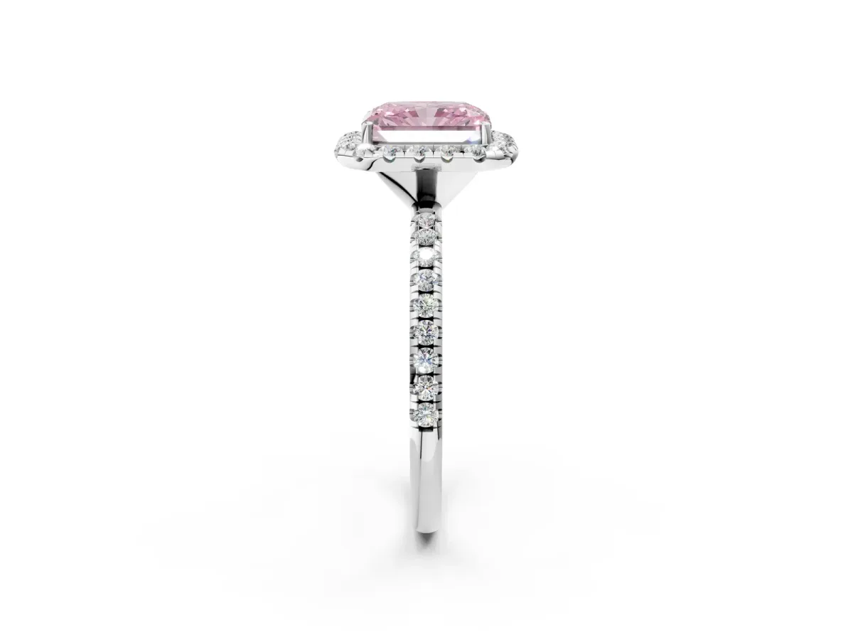 Fancy Pink Radiant Cut Diamond Halo Engagement Ring with Round Pavé Band and Prong Setting Platinum