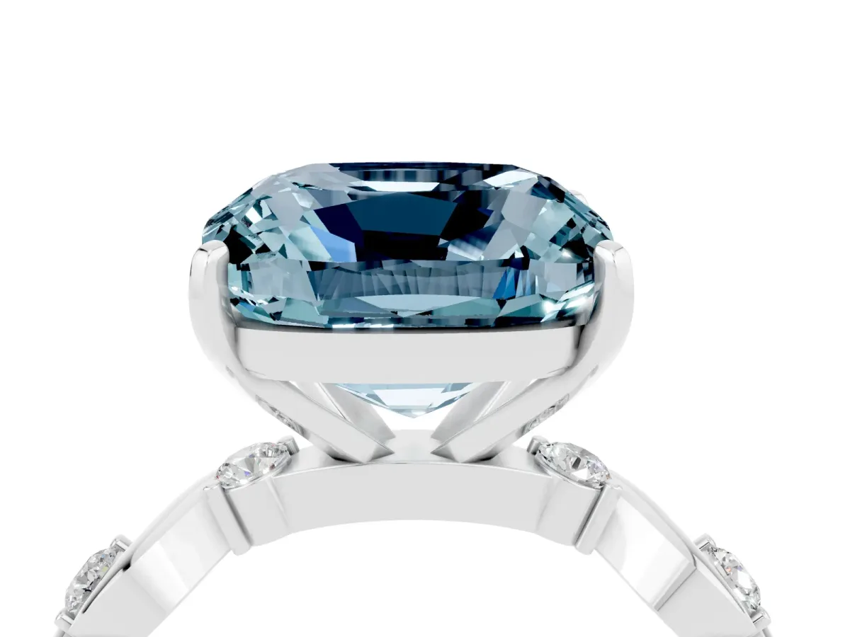 Cushion Cut Aquamarine Solitaire Twisted Band with Round Accents and Prong Setting Platinum