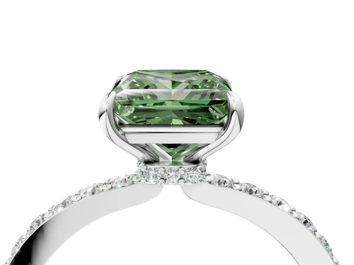 Fancy Green Princess Cut Diamond Solitaire Engagement Ring with Pavé Band and Four-Prong Setting White gold