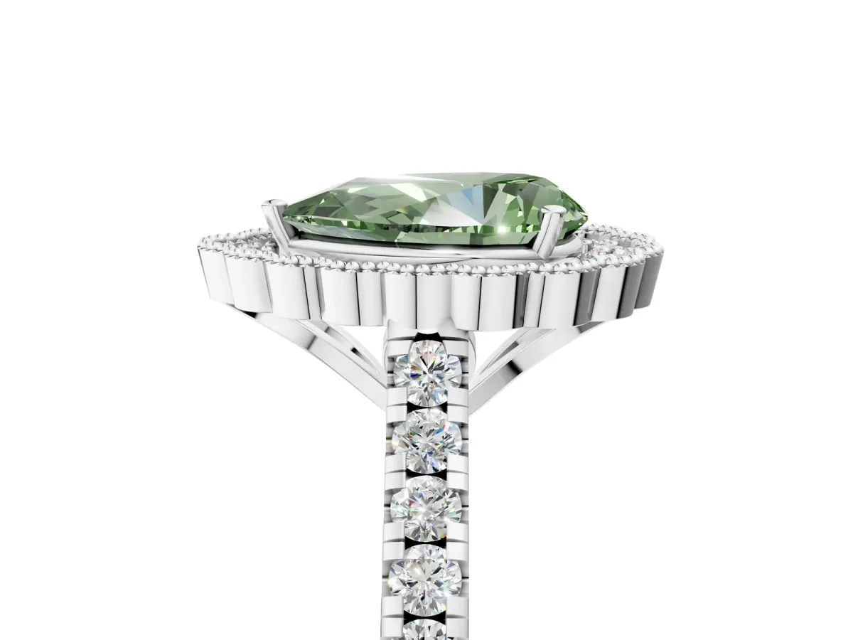 Fancy Green Pear Cut Cut Diamond Milgrain Floral Halo Engagement Ring with Pavé Band Silver