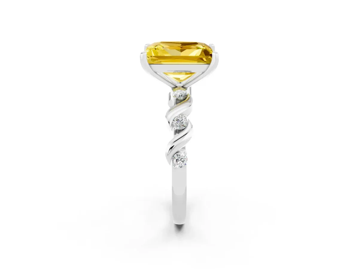 Princess Cut Yellow Sapphire Solitaire Twisted Band with Round Accents and Prong Setting Platinum
